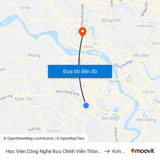 Học Viện Công Nghệ Bưu Chính Viễn Thông - Trần Phú (Hà Đông) to Kim Chung map