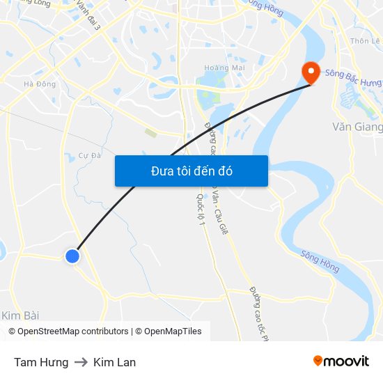 Tam Hưng to Kim Lan map