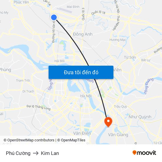 Phú Cường to Kim Lan map