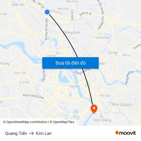 Quang Tiến to Kim Lan map