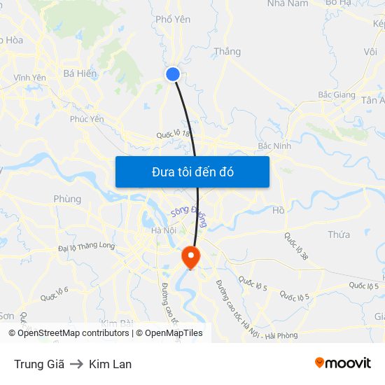 Trung Giã to Kim Lan map