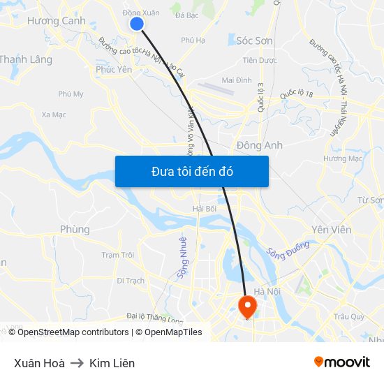 Xuân Hoà to Kim Liên map