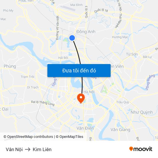 Vân Nội to Kim Liên map