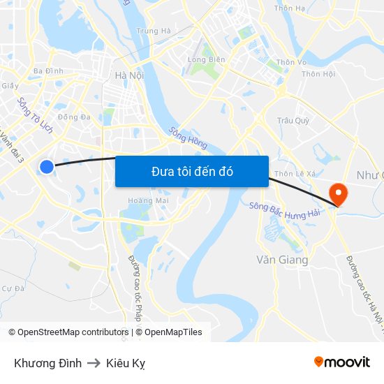 Khương Đình to Kiêu Kỵ map