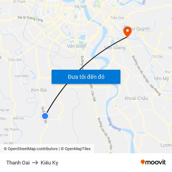 Thanh Oai to Kiêu Kỵ map