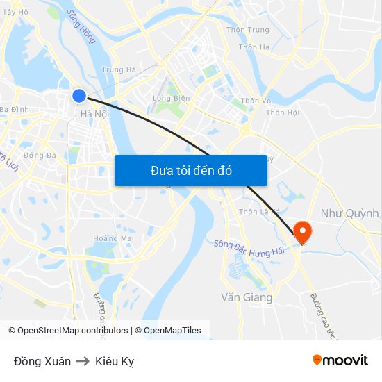 Đồng Xuân to Kiêu Kỵ map