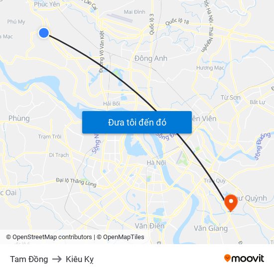 Tam Đồng to Kiêu Kỵ map