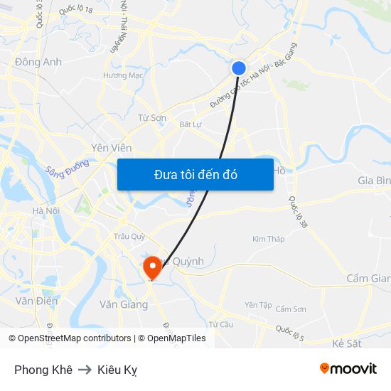 Phong Khê to Kiêu Kỵ map
