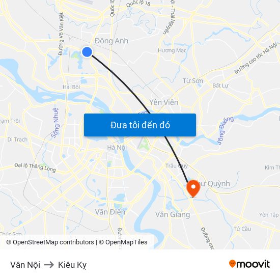 Vân Nội to Kiêu Kỵ map