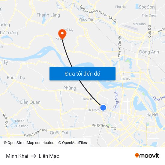 Minh Khai to Liên Mạc map