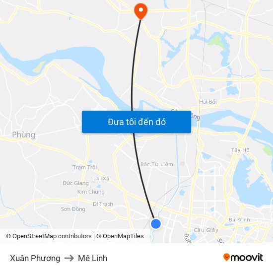 Xuân Phương to Mê Linh map