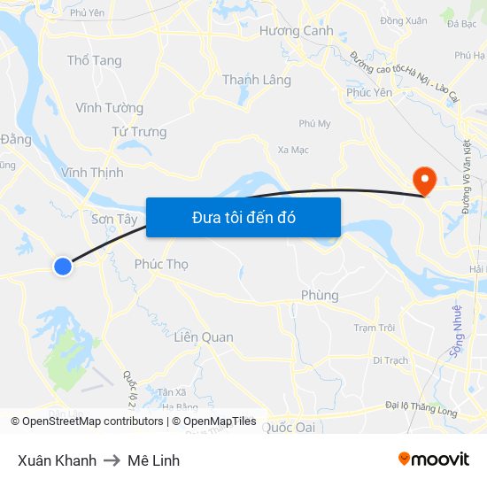 Xuân Khanh to Mê Linh map