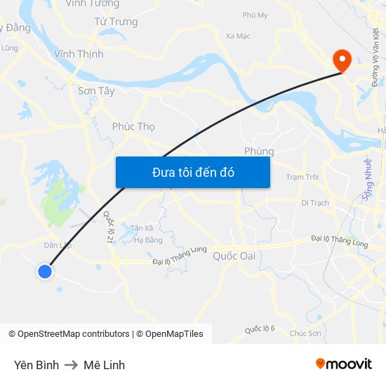 Yên Bình to Mê Linh map