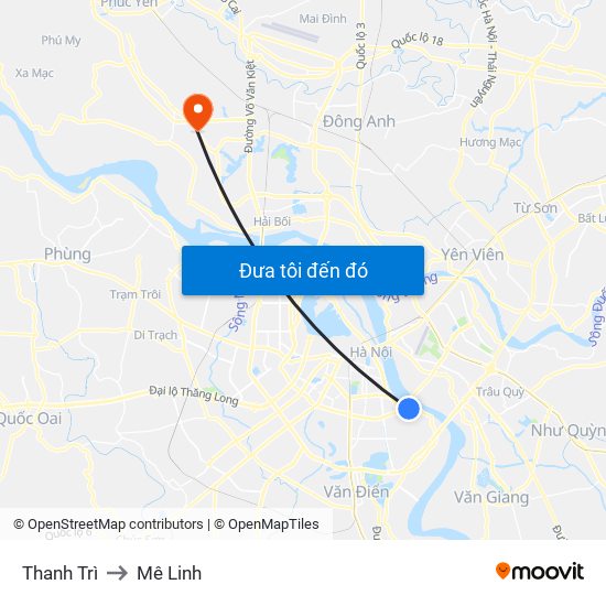 Thanh Trì to Mê Linh map