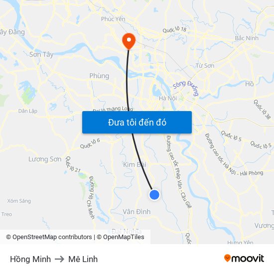 Hồng Minh to Mê Linh map