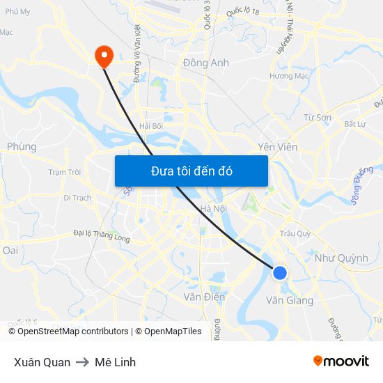 Xuân Quan to Mê Linh map