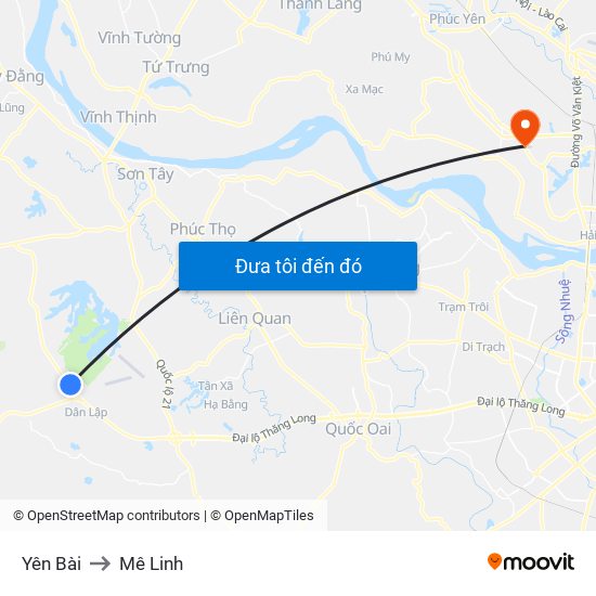 Yên Bài to Mê Linh map