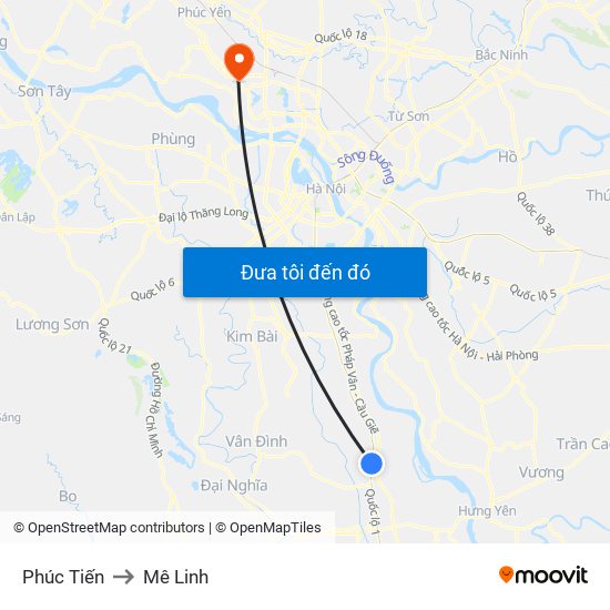 Phúc Tiến to Mê Linh map