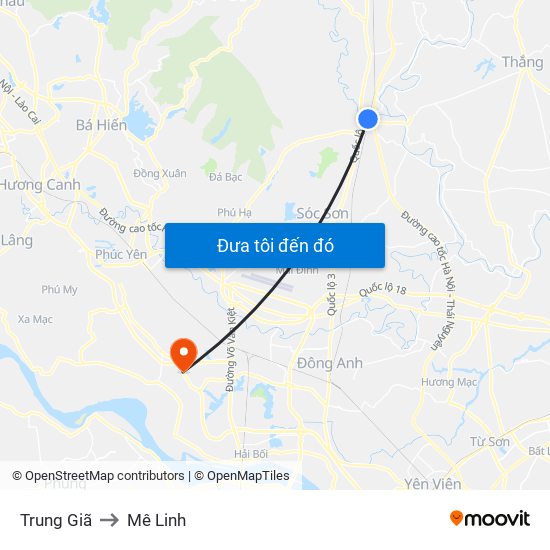 Trung Giã to Mê Linh map