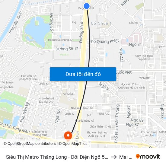 Siêu Thị Metro Thăng Long - Đối Diện Ngõ 599 Phạm Văn Đồng to Mai Dịch map