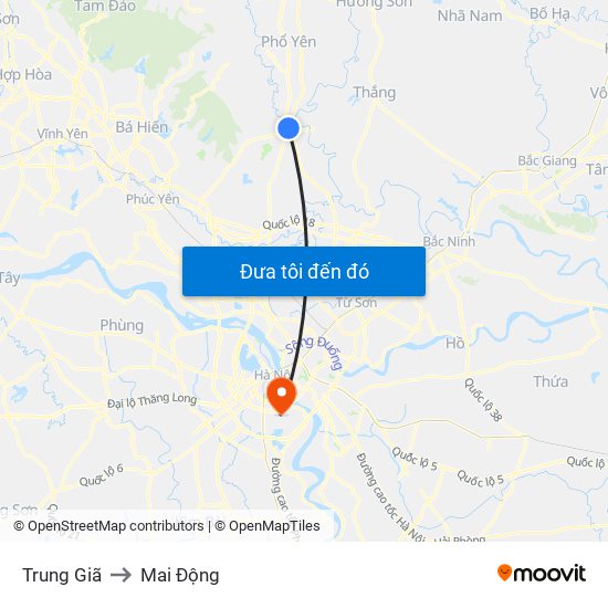 Trung Giã to Mai Động map