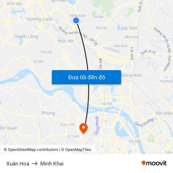 Xuân Hoà to Minh Khai map