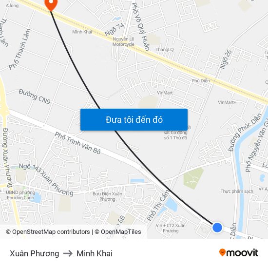 Xuân Phương to Minh Khai map