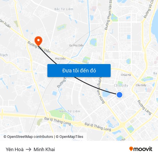 Yên Hoà to Minh Khai map