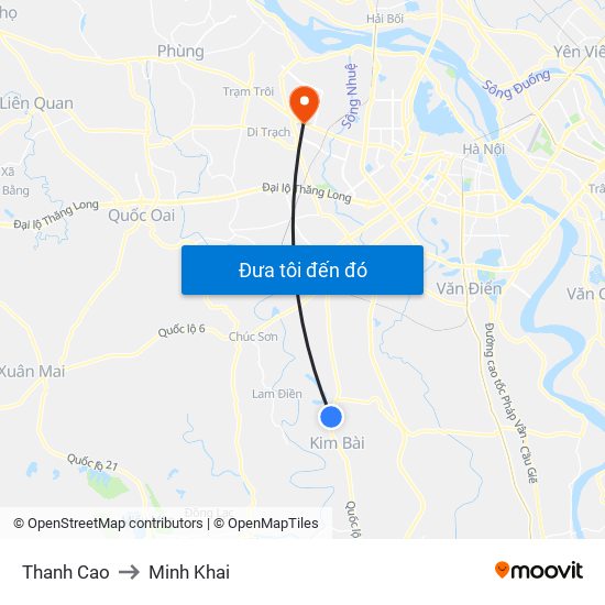 Thanh Cao to Minh Khai map