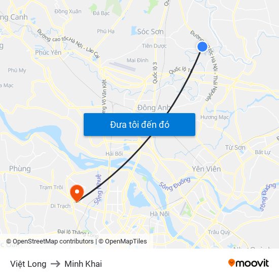 Việt Long to Minh Khai map