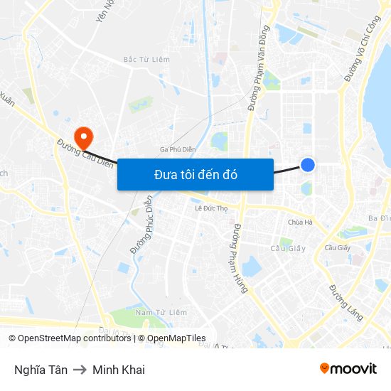 Nghĩa Tân to Minh Khai map