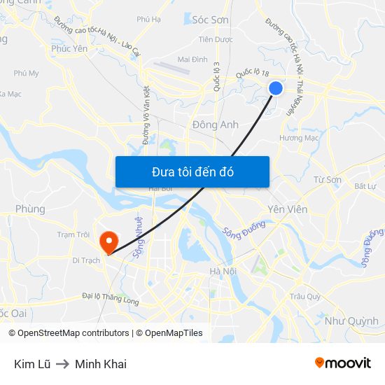 Kim Lũ to Minh Khai map