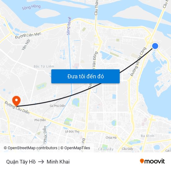 Quận Tây Hồ to Minh Khai map