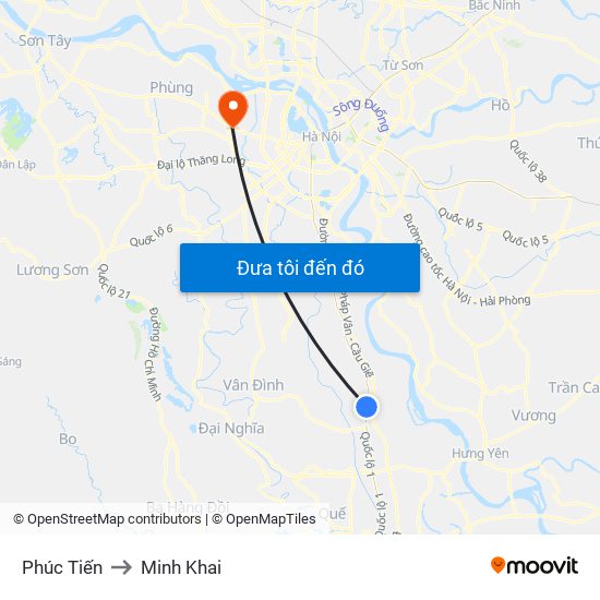 Phúc Tiến to Minh Khai map