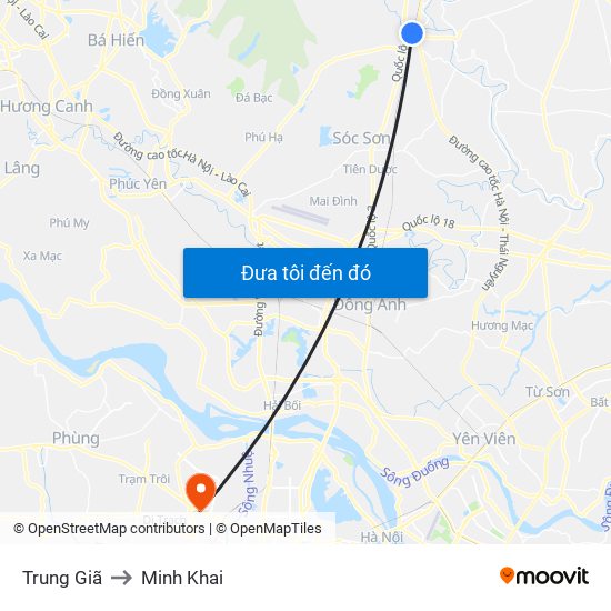 Trung Giã to Minh Khai map