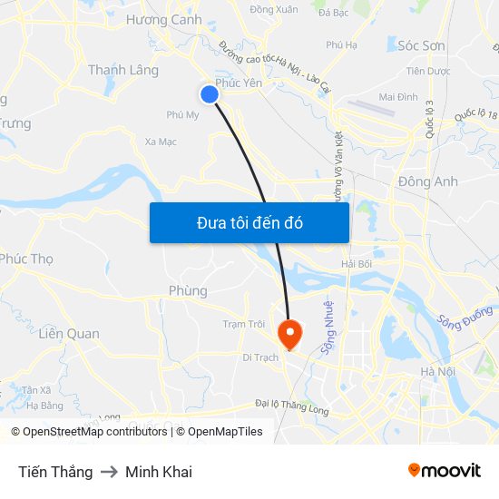 Tiến Thắng to Minh Khai map
