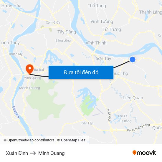 Xuân Đình to Minh Quang map