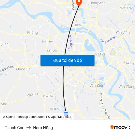 Thanh Cao to Nam Hồng map