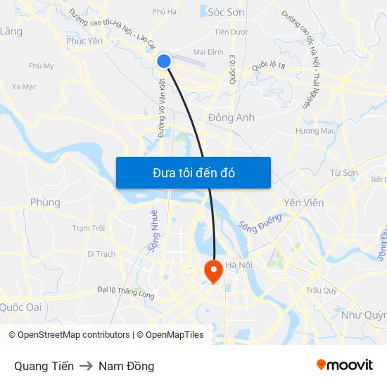 Quang Tiến to Nam Đồng map