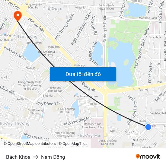 Bách Khoa to Nam Đồng map