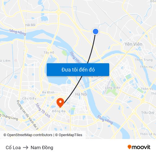 Cổ Loa to Nam Đồng map