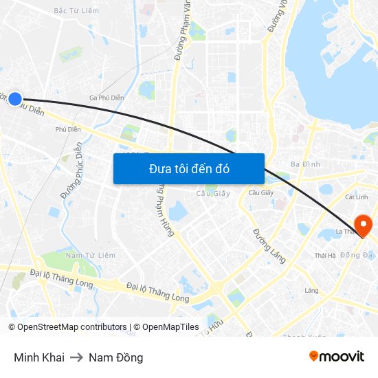 Minh Khai to Nam Đồng map