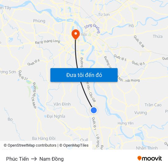 Phúc Tiến to Nam Đồng map