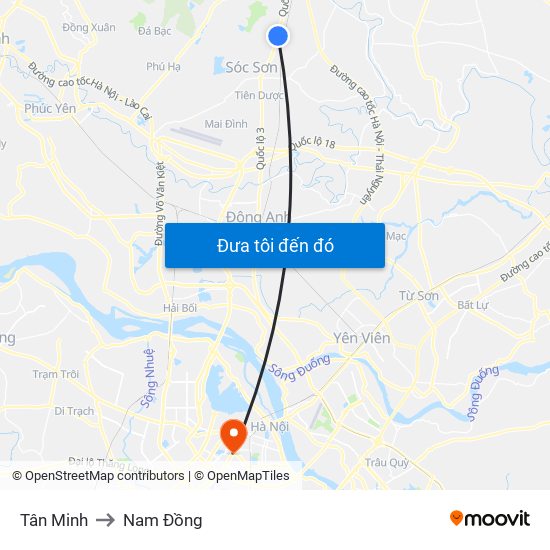 Tân Minh to Nam Đồng map