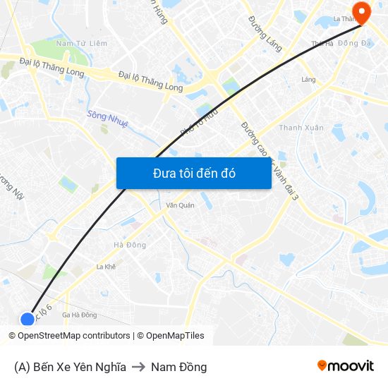 (A) Bến Xe Yên Nghĩa to Nam Đồng map
