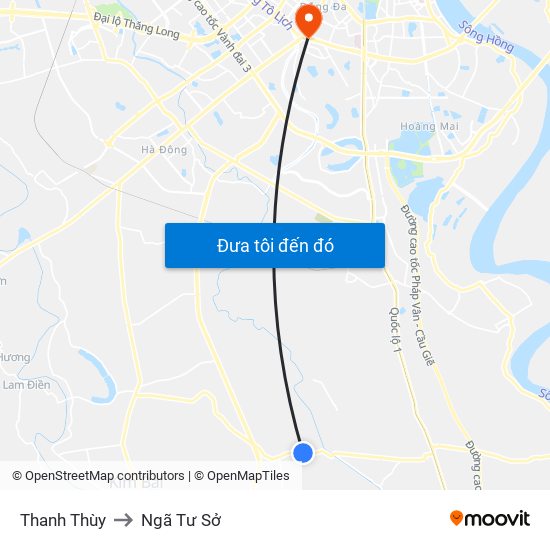 Thanh Thùy to Ngã Tư Sở map