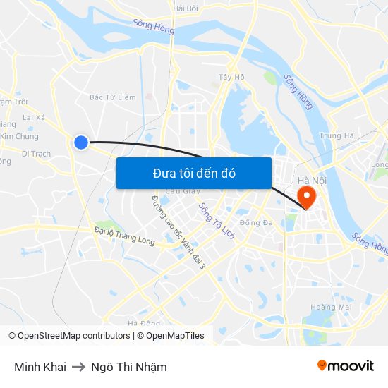 Minh Khai to Ngô Thì Nhậm map