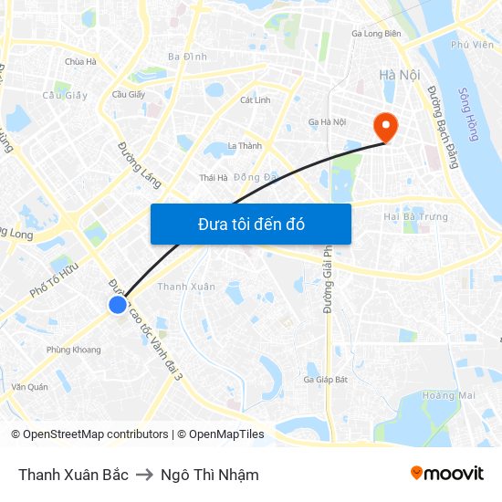 Thanh Xuân Bắc to Ngô Thì Nhậm map