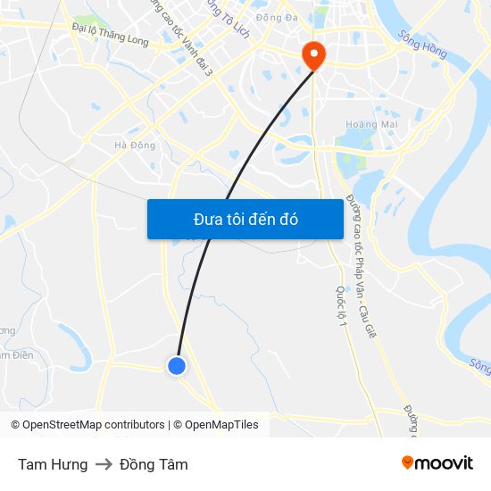 Tam Hưng to Đồng Tâm map