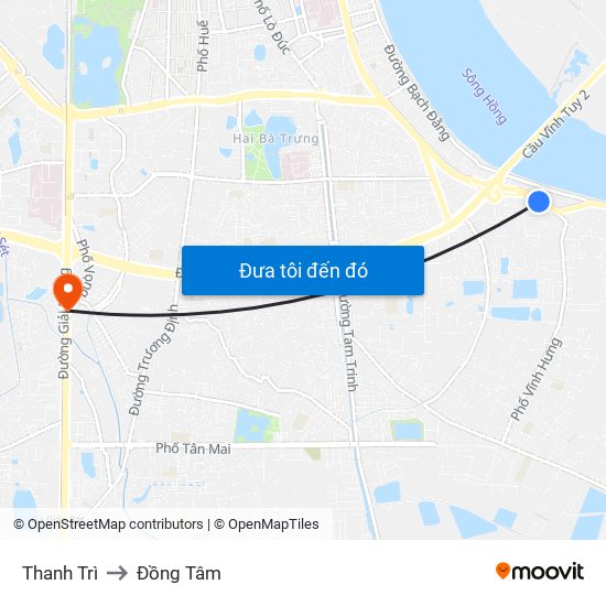 Thanh Trì to Đồng Tâm map